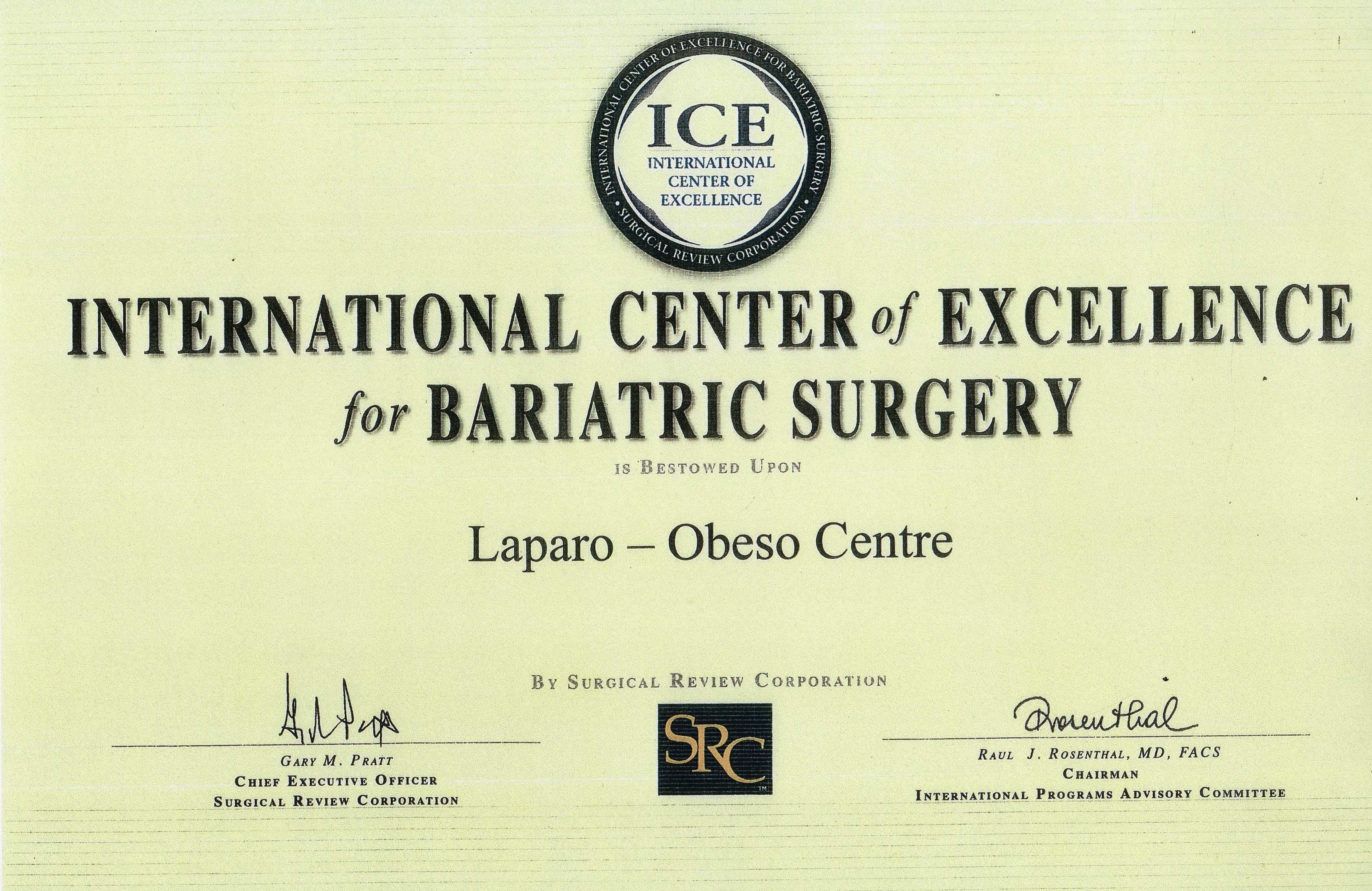 ILaparo Obeso Centre was bestowed the International Centre of Excellence for Bariatric Surgery by the Surgical Review Corporation (SRC). 